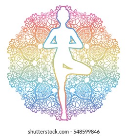 Mandala round background. Women silhouette. Yoga tree pose. Vrikshasana. Vector illustration.