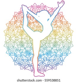 Mandala round background. Women silhouette. Lord of the dance yoga pose. Natarajasana Vector illustration