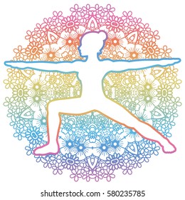 Mandala round background. Women silhouette. Warrior 2 yoga pose. Virabhadrasana 2. Vector illustration.