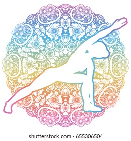Mandala round background.Extended side angle yoga pose. Utthita Parsvakonasana. Vector illustration