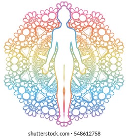 Mandala round background.Women silhouette. Yoga mountain pose. Tadasana. Vector illustration.
