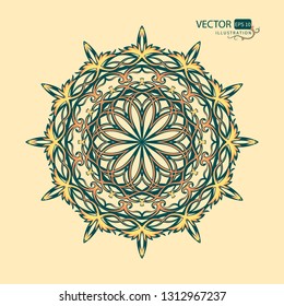 Mandala. A round color pattern on a light yellow background. Arabic script. Decor element for the designer. Vector illustration. Ornamental composition.