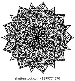 Mandala Round para colorear libro. Ornamentos redondos decorativos. Forma de las flores. Vector oriental, terapia antiestrés. Tejer elementos de diseño. Vector de logos de yoga. Icono negro aislado en fondo blanco.