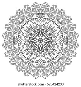 Mandala round decoration, stylized floral ornament, isolated design element, black and white background. Geometric line pattern for coloring book. Circular monochrome decor, vector illustration