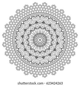 Mandala round decoration, stylized floral ornament, isolated design element, black and white background. Geometric line pattern for coloring book. Circular monochrome decor, vector illustration