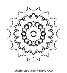 Mandala round decoration, stylized floral ornament, isolated design element, black and white background. Geometric line pattern for coloring book. Circular monochrome decor, vector illustration
