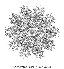 Mandala round decorative vector illustration is style of antique Roman and Greek ornaments with floral spirals, flowers and feathers, outline for coloring isolated on white 