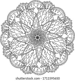 Mandala round drop gorgeous swirling curl ethnic pattern coloring page book black and white art therapy relax psychology