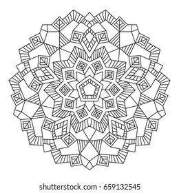 Mandala. Round Element For Coloring Book. Black Lines on White Background. Abstract Geometric Ornament. Vector.