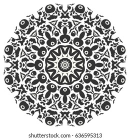 Mandala round floral ornament. Isolated black design elements, doodle pattern. Elegant monochrome sketch decoration. Hand drawn art graphic background, tribal ethnic arabic, indian motif
