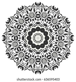 Mandala round floral ornament. Isolated black design elements, doodle pattern. Elegant monochrome sketch decoration. Hand drawn art graphic background, tribal ethnic arabic, indian motif