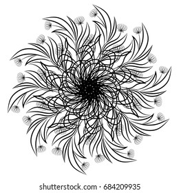 Mandala. Round floral ornament isolated on white background. Decorative design element. Black and white outline vector illustration for coloring book, print on T-shirt and other items.