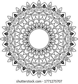 Patrón de adornos florales redondos de Mandala. Página de coloreo anti estrés para niños y adultos. Yoga, tatuajes, mehndi, diseño de encajes. Ilustración vectorial.