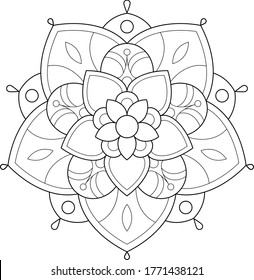 Mandala round floral ornament pattern. Anti-stress coloring page for kids and adults. Yoga, tatoo, mehndi, lace design. Vector illustration.