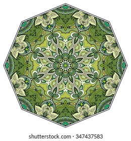Mandala round floral ornament, tribal ethnic motif, eight pointed circular abstract geometric pattern. Hand drawn decorative element, isolated on white background. Vector illustration