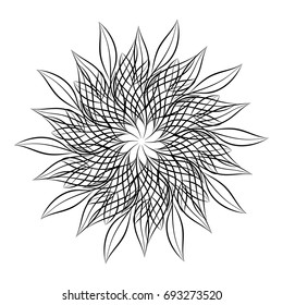 Mandala. Round floral ornamental design element isolated on white background. Black and white outline vector illustration for invitation, greeting cards, print on T-shirt and other items.