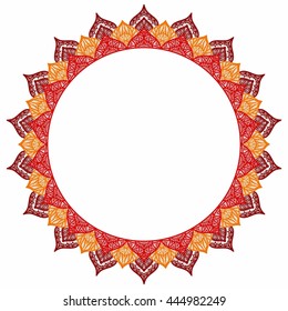 Mandala - round frame for your text. Empty space, white background. Orange, yellow and brown colors. Ornament drawing by hand. Vector illustration. Yoga, lifestyle.
