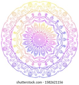 Mandala. Round gradient pattern in blue, yellow and pink on a white background. Vector pattern for tattoos, henna pattern. Psychedelic ethnic ornament. 