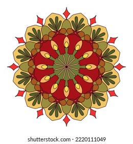 Сolorful mandala round holiday pattern. Nature floral elements, geometric kaleidoscopic texture background. Сandles, fir branches, decorations, tablecloth, design for card, banner, fabric.