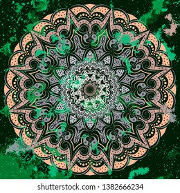 
Mandala - a round lace on the background with artifacts in malachite shades. Symmetrical geometric with elemental flora, a symbol of harmony and wealth. An excellent color spot for the interior. 
