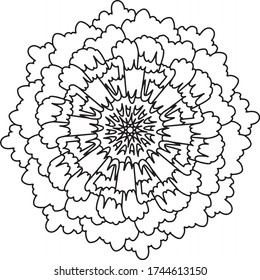 Mandala runde Spitzen-Muster ausgekleidete Doodle-Farbbuchseite Schwarz-Weiß Hintergrund Kunsttherapie entspannen Psychologie
