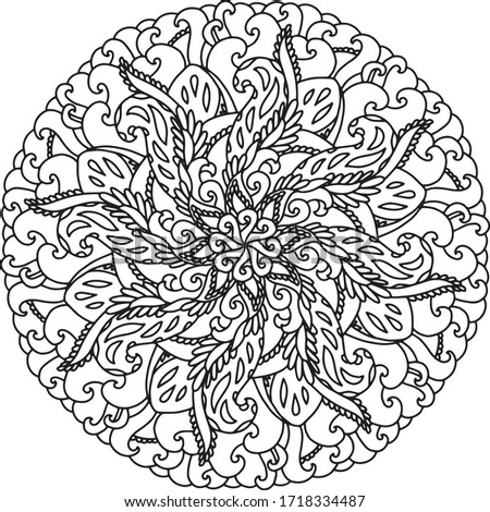 Mandala round lace star curl drop gorgeous swirling curl ethnic pattern coloring page book black and white art therapy relax psychology
