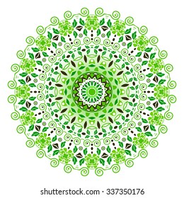 Mandala round ornament, circled element for design. Green flower pattern isolated on white background. Hand drawn. Vector illustration.
