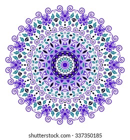 Mandala round ornament, circled element for design. Blue  flower pattern isolated on white background. Hand drawn. Vector illustration.