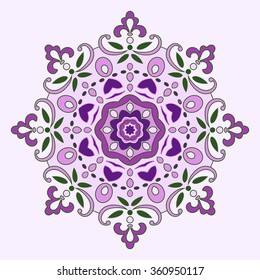 Mandala round ornament, circled element for design. Flower pattern isolated on light lilac background. Arabic, Indian, turkish, chinese motifs. Hand drawn. Vector illustration.