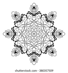 Mandala round ornament, circled element for design. Black and white  ethnic  flower pattern isolated on white background. Hand drawn. Vector illustration.

