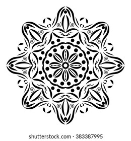 Mandala round ornament, circled element for design. Black and white flower pattern isolated on white background. Hand drawn. Vector illustration.