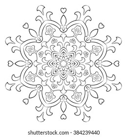 Mandala round ornament, circled element for design. Black and white  ethnic  flower pattern isolated on white background. Hand drawn. Vector illustration.
