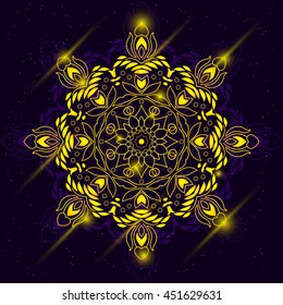 Mandala round ornament, circled element for design. Gold sparkle  ethnic  flower pattern isolated on dark blue cosmic background. Hand drawn. Vector illustration.
