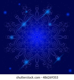 Mandala round ornament, circled element for design. Sparkle  ethnic  flower pattern isolated on dark blue cosmic background. Hand drawn. Vector illustration.

