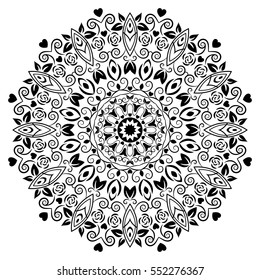 Mandala round ornament, circled element for design. Black and white  ethnic  flower pattern isolated on white background. Hand drawn. Vector illustration.
