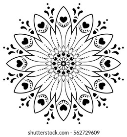 Mandala round ornament, circled element for design. Black and white  ethnic  flower pattern with hearts  isolated on white background. Hand drawn. Vector illustration.
