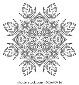 Mandala round ornament, circled element for design. Black and white  ethnic pattern isolated on white background. Hand drawn. Vector illustration.
