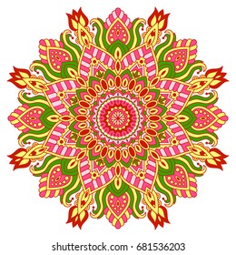 Mandala round ornament, circled element for design. Colored ethnic  flower pattern isolated on white background. Hand drawn. Vector illustration.

