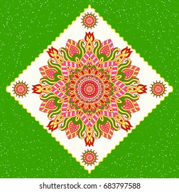 Mandala round ornament, circled element for design. Colored ethnic  flower pattern isolated on green  background. Hand drawn. Vector illustration.