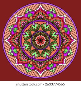 mandala round ornament, colorful blossom and red background, Vintage decorative elements. Oriental pattern, vector illustration. Islam, Arabic, Indian, Moroccan, Spain, Turkish, Pakistan, Chinese
