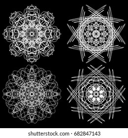 Mandala round ornament decoration floral motif. Chakra symbol for meditation, complex weave medallion decorative round ornaments. Oriental snowflakes. Anti stress therapy coloring. Vector.