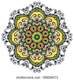 Mandala round ornament decorative isolated element, geometric floral circular pattern. Tribal ethnic Arabic Indian motif. Hand drawn fantasy abstract background
