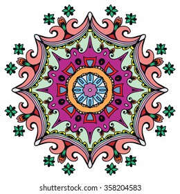 Mandala round ornament decorative isolated element, geometric floral circular pattern. Tribal ethnic Arabic Indian motif. Hand drawn fantasy abstract background