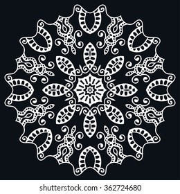 Mandala round ornament decorative isolated element, geometric floral circular pattern. Tribal ethnic Arabic Indian motif. Hand drawn fantasy abstract background. Black and white