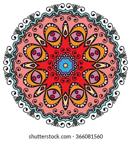 Mandala round ornament decorative isolated element, geometric floral circular pattern. Tribal ethnic Arabic Indian motif. Hand drawn fantasy abstract background