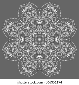 Mandala round ornament decorative isolated element, geometric floral circular pattern, monochrome texture. Tribal ethnic Arabic Indian motif. Hand drawn fantasy abstract background