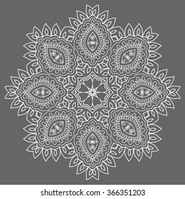 Mandala round ornament decorative isolated element, geometric floral circular pattern, monochrome texture. Tribal ethnic Arabic Indian motif. Hand drawn fantasy abstract background