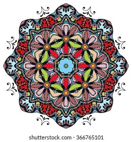 Mandala round ornament decorative isolated element, geometric floral circular pattern. Tribal ethnic Arabic Indian motif. Hand drawn fantasy abstract background