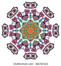 Mandala round ornament decorative isolated element, geometric floral circular pattern. Tribal ethnic Arabic Indian motif. Hand drawn fantasy abstract background