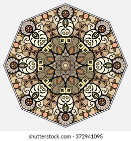 Mandala round ornament decorative isolated element, geometric floral circular pattern. Tribal ethnic Arabic Indian motif. Hand drawn fantasy abstract background